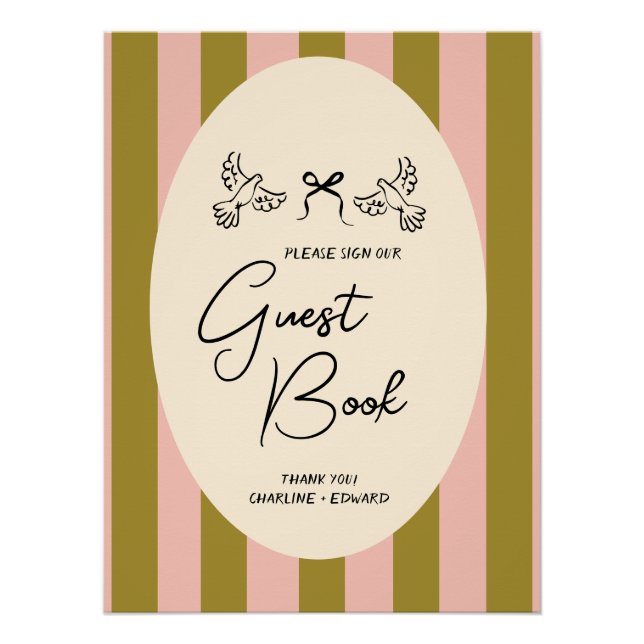 Poster Green Blush Pink Striped Wedding Guestbook Sign (Devant)