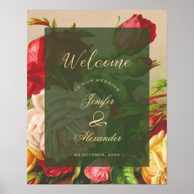 Poster Green chic vintage roses wedding welcome script (Devant)