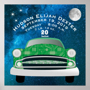 Poster Green Retro Car Bébé Garçons Birth Stat Birth Reco