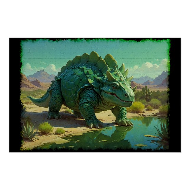 Poster Green Stegosaurus and Desert Pool (Devant)
