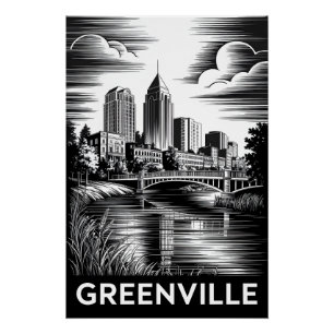 Poster Greenville Caroline du Sud Noir Blanc Gravure sur