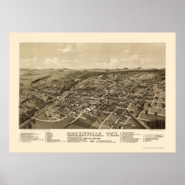Poster Greenville, TX Carte panoramique - 1886 (Devant)
