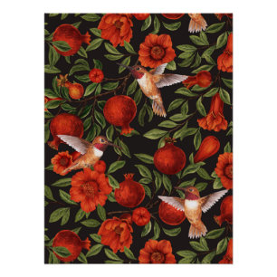 Poster Grenades et colibris/feuilles verts en noir