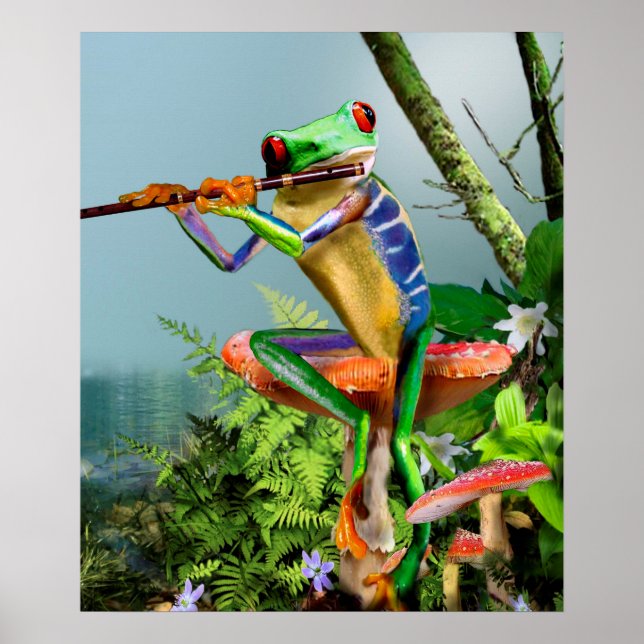 Poster Grenouille d'arbre humoristique Jouer la Flûte (Devant)