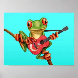 Poster Grenouille d'arbre jouant le bleu turc de guitare