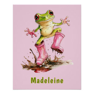 Poster Grenouille en bottes roses mignonnes dans une flaq