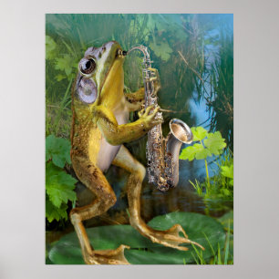 Poster Grenouille humoristique jouer du saxophone
