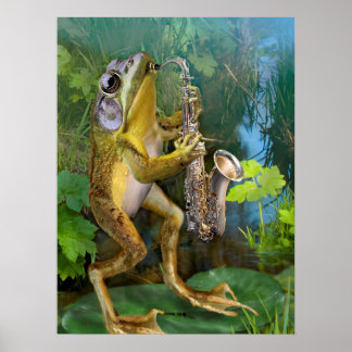 Poster Grenouille humoristique jouer du saxophone