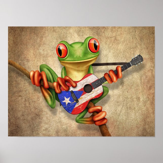 Poster Grenouille Jouer Porto Rico Drapeau Guitare (Devant)