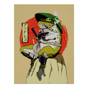 Poster Grenouille Samouraï avec Esthétique Soleil Rouge