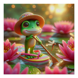 Poster Grenouille sur un tonneau dans un étang