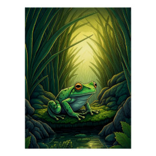 Poster Grenouille verte enchantée dans une forêt
