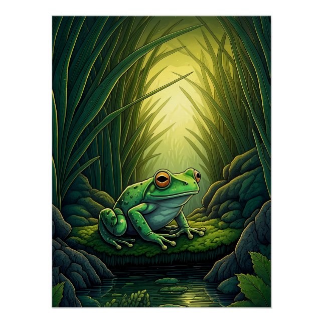 Poster Grenouille verte enchantée dans une forêt (Devant)