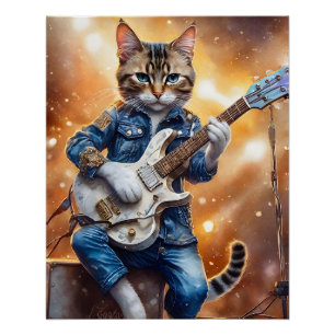 Poster Grey Tabby Cat Rock Star Jouer de la guitare