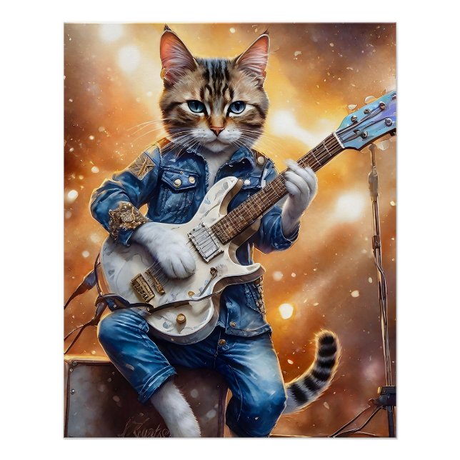 Poster Grey Tabby Cat Rock Star Jouer de la guitare (Devant)