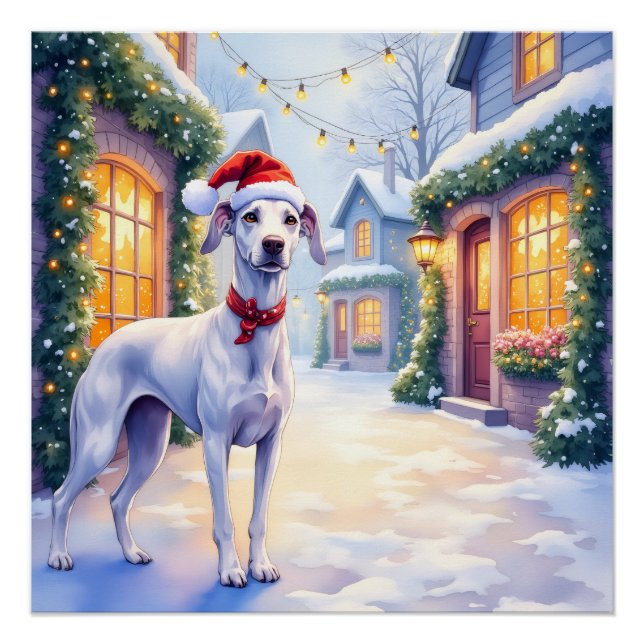 Poster Greyhound Snowy Village Santa Hat Christmas Art (Devant)