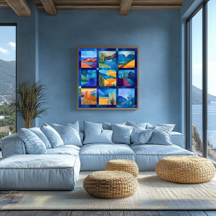 Poster Grille d'art désertique encadrée bleue – Géométriq