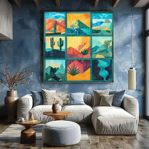 Poster Grille d'art du désert encadrée turquoise - Géomét