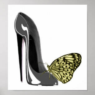 Poster Gris Stiletto Chaussure haute talon et papillon ja