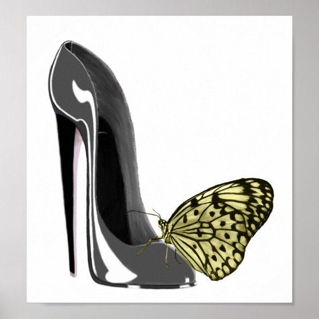 Poster Gris Stiletto Chaussure haute talon et papillon ja (Devant)