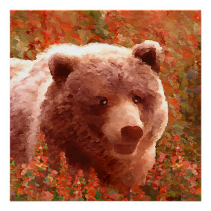 Poster Grizzly Bear Cub dans Fireweed Peinture Art de la