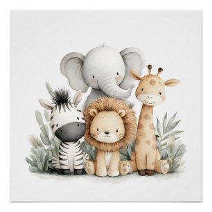 Poster Groupe d'animaux de safari pour bébé en aquarelle 