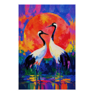 Poster Grues au coucher du soleil – Peinture faussite de