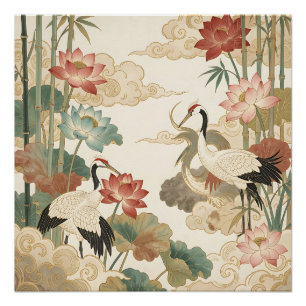 Poster Grues élégants Lotus Bambou Scène orientale