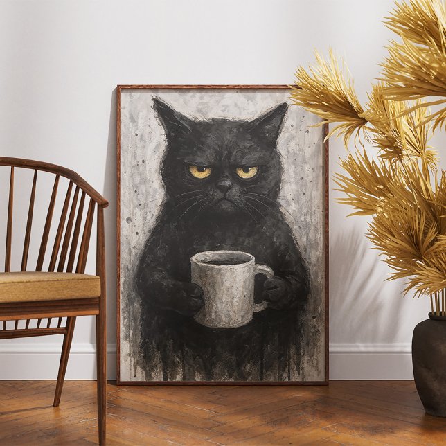 Poster Grumpy Black Cat With Coffee Wall Art (Créateur téléchargé)