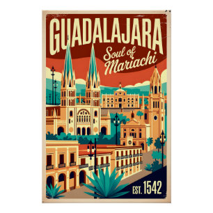 Poster Guadalajara Mexique Vintage Âme du Mariachi Rétro