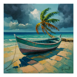 Poster Guadeloupe Barque & Palmier
