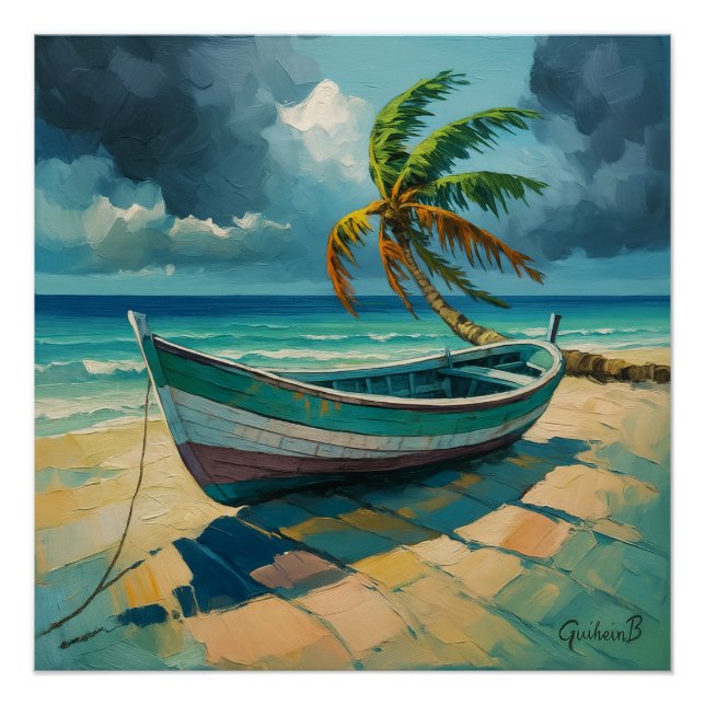 Poster Guadeloupe Barque & Palmier (Devant)