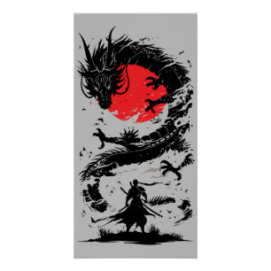 Poster Guerrier samouraï et combat de dragon