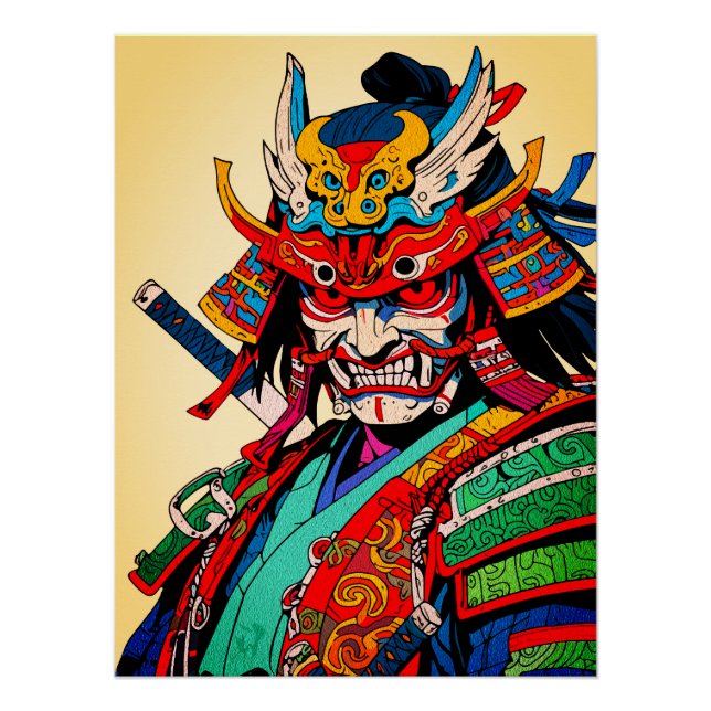 Poster Guerrier Samouraï Féroce – Bushido Japonais Coloré (Devant)