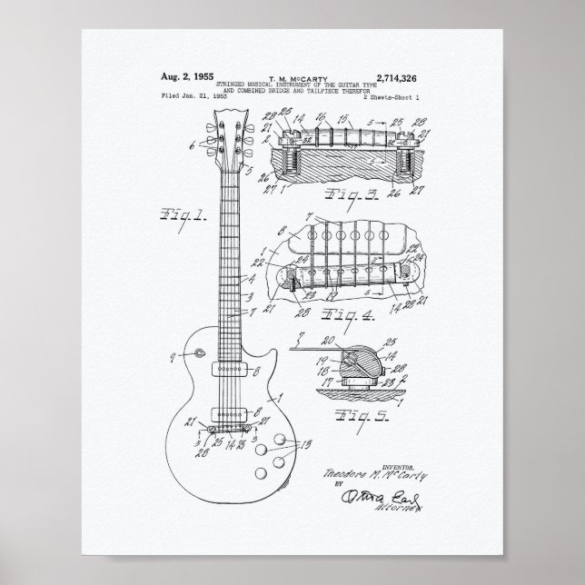 Poster Guitar 1955 Patent Art - White Paper (Devant)