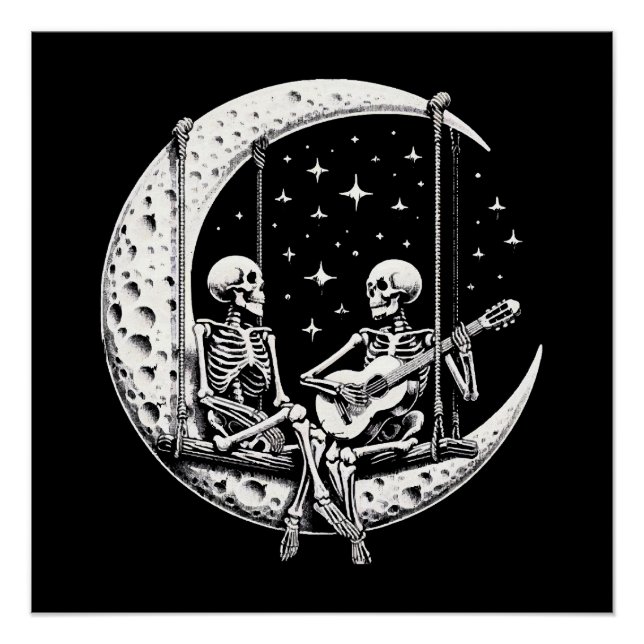 Poster Guitare de lune de couple de squelettes (Devant)