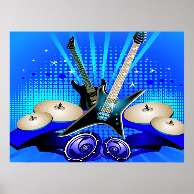 Poster Guitares électriques bleues, tambours et haut-parl (Devant)