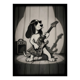 Poster Guitariste Basset Hound Rétro Rockstar Monochrome