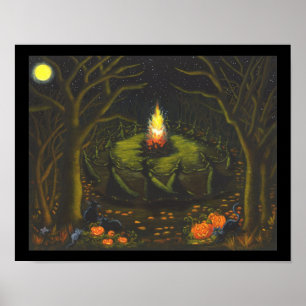Poster Halloween, bonfire,witches,black,cat.mice,woods