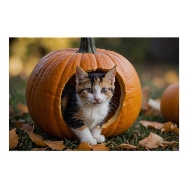 Poster Halloween Calico Kitten Assis dans un Citrouille (Devant)