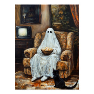 Poster Halloween fantôme regarder la télévision avec Popc