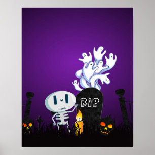 Poster Halloween Graveyard Éffrayant Cute Skeleton & Ghos