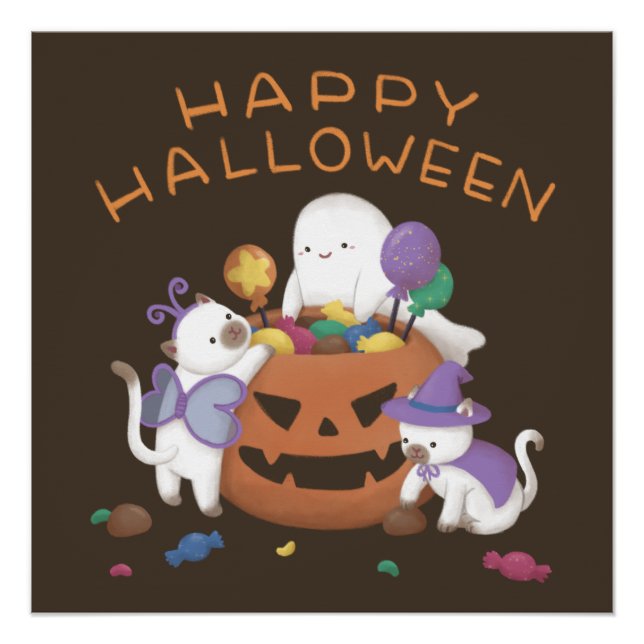 Poster Halloween heureux : Chats et fantômes (Devant)