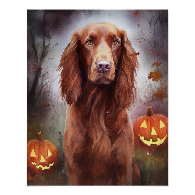 Poster Halloween Irish Red Setter avec citrouilles effray (Devant)