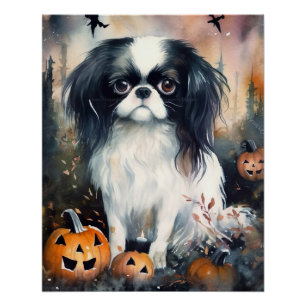 Poster Halloween Japanese Chin avec citrouilles effrayant