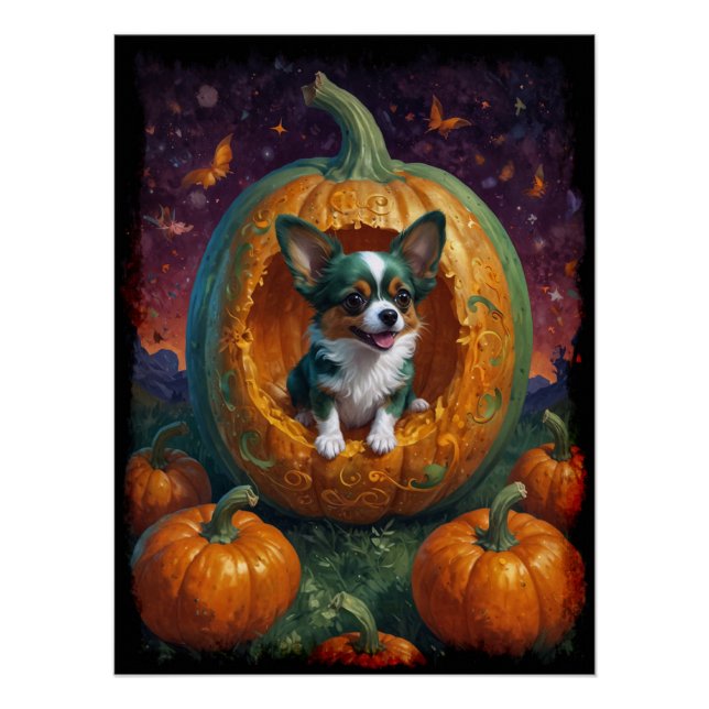 Poster Halloween Papillon Chiot Vivre dans un Citrouille (Devant)