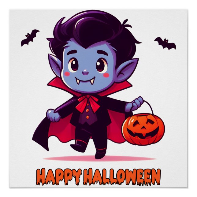 Poster Halloween - Petit Vampire et citrouille (Devant)