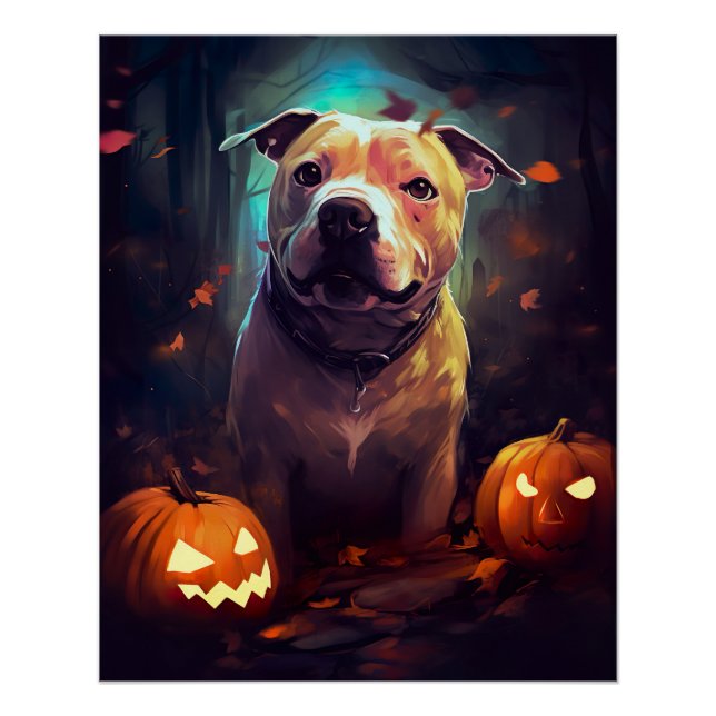 Poster Halloween Pitbull avec la peur Citrouille (Devant)