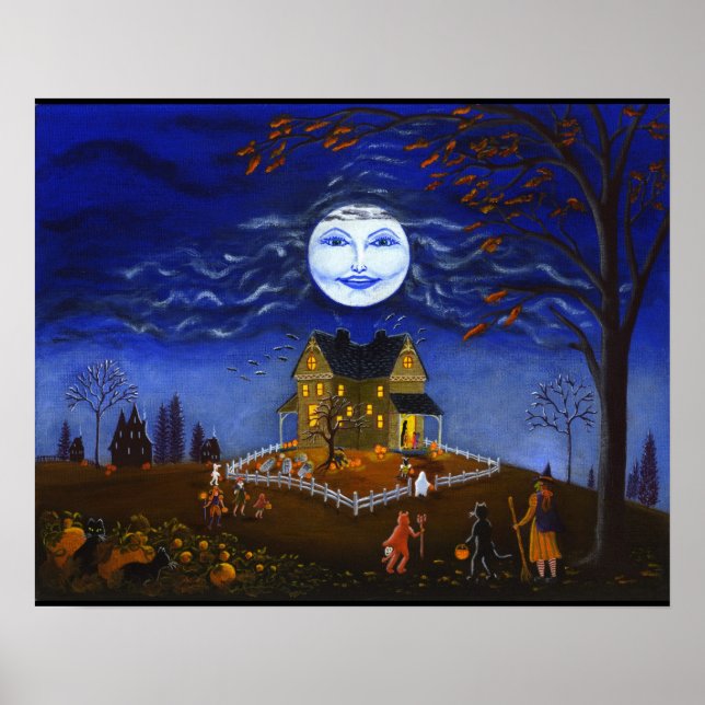 Poster Halloween, sorcière, diable, lune, fantôme, chauve (Devant)