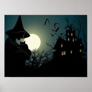 Poster Halloween : sorcière et maison hantée